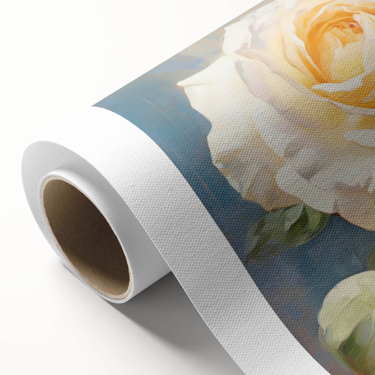 Botanical rose wall art design on rolled canvas showcasing vibrant pink and green hues, ideal for home decor. Perfect for floral enthusiasts and art lovers.