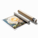 Botanical rose design wall art print featuring vibrant pink and green hues, elegantly rolled for easy display, perfect for home decor or gifting.