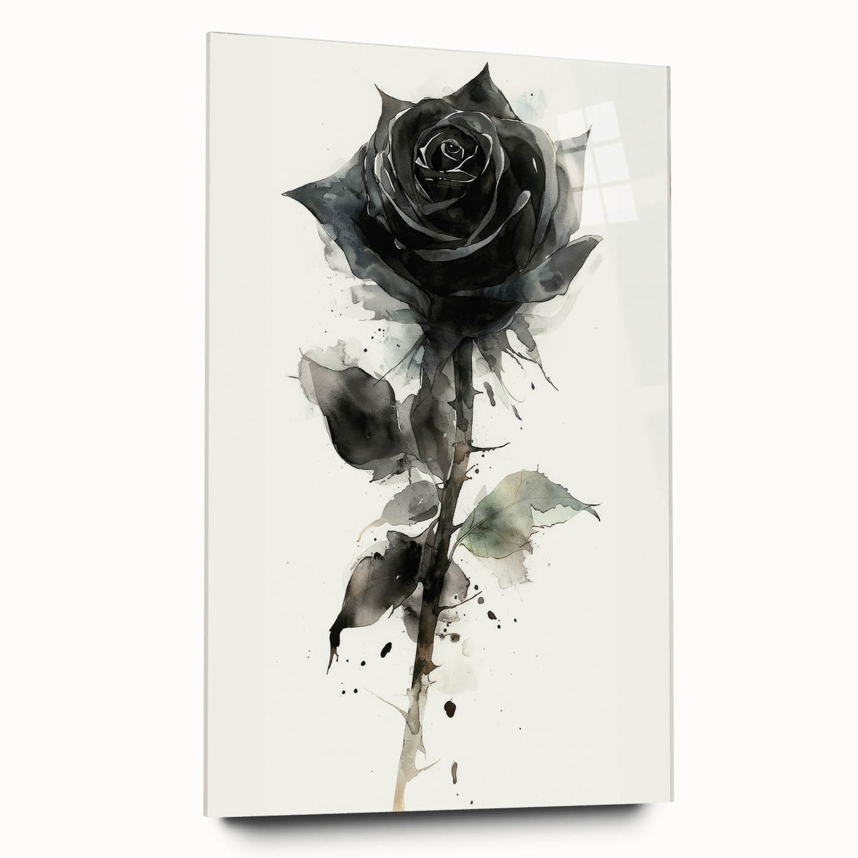 Acrylic glass wall art piece showcasing a botanical rose design in vibrant colors, elegantly displayed from a side view, emphasizing its sleek edges and modern aesthetics. Perfect for floral decor enthusiasts seeking stylish home accents.
