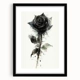 Elegant black-framed wall art showcasing a botanical rose design, featuring intricate floral details and a mat for a polished look, perfect for home decor.