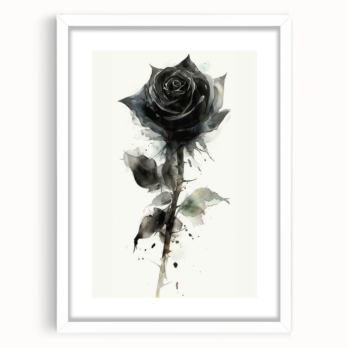 Botanical rose design wall art print in a white frame with mat, showcasing intricate floral details and soft pastel colors, perfect for home decor.