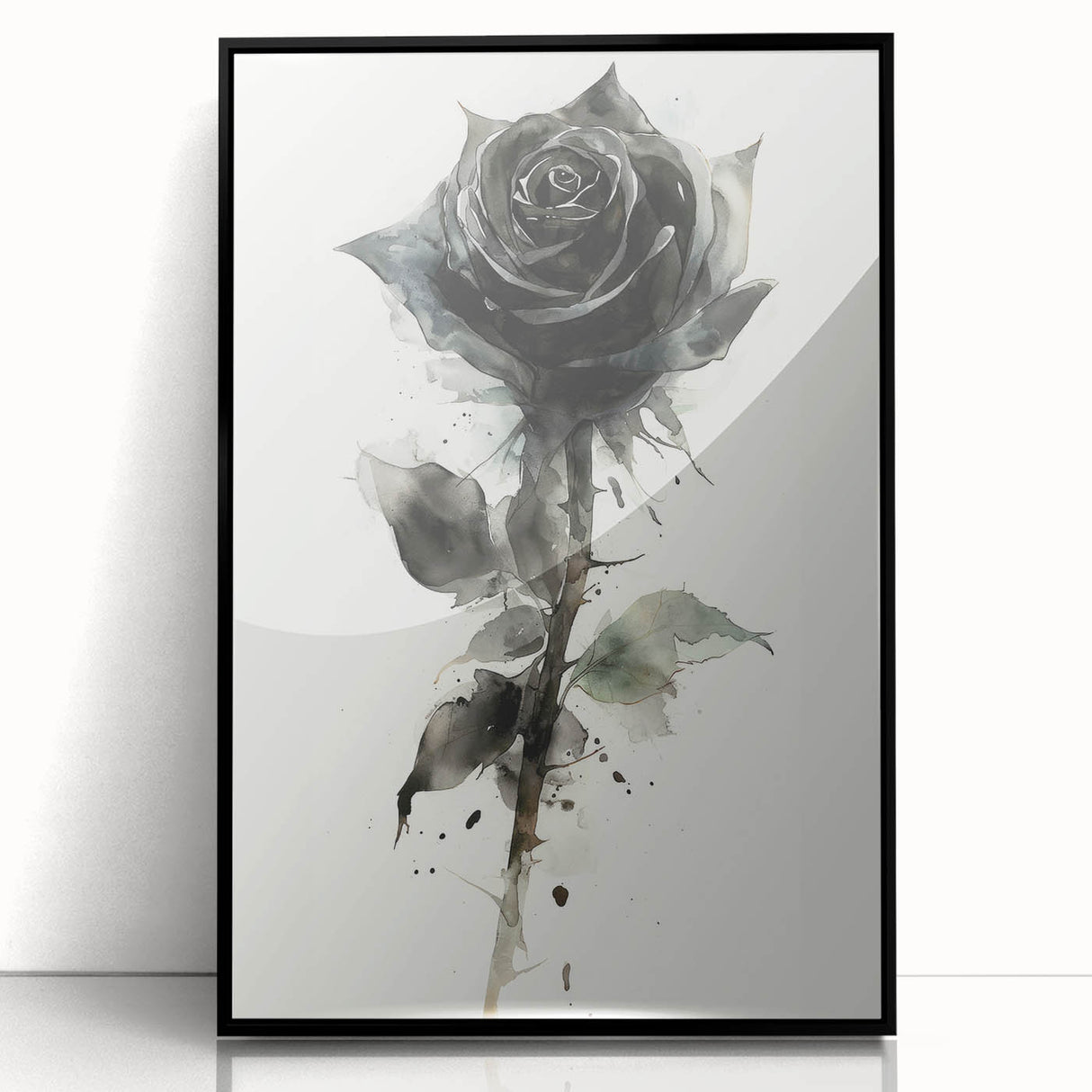 Framed wall art display featuring a botanical rose design in vibrant colors, set in a sleek black frame, ideal for home decor or floral-themed interiors.
