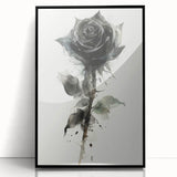 Framed wall art display featuring a botanical rose design in vibrant colors, set in a sleek black frame, ideal for home decor or floral-themed interiors.