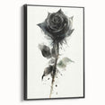 Framed botanical wall art featuring a detailed rose design on a black canvas, showcasing elegant floral patterns with a sleek side view, perfect for home decor.