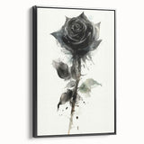 Framed botanical wall art featuring a detailed rose design on a black canvas, showcasing elegant floral patterns with a sleek side view, perfect for home decor.