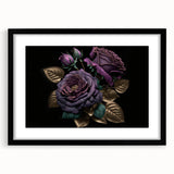 Framed botanical rose wall art design showcasing delicate pink and white roses against a black background, ideal for home decor or gifting.