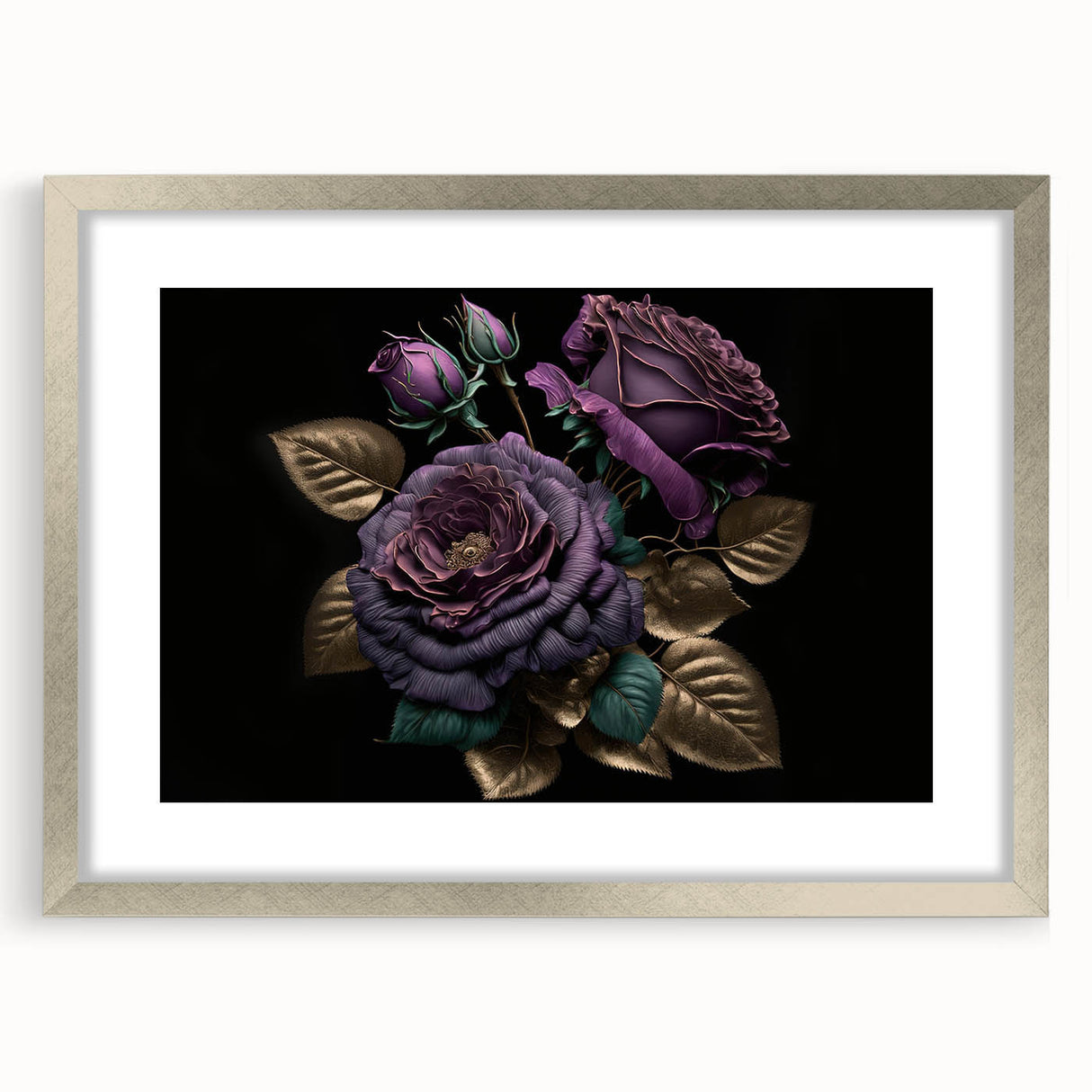 Botanical rose wall art collection framed in silver, showcasing delicate floral design with a mat, perfect for enhancing home decor and adding elegance.
