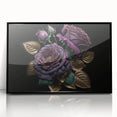 Framed black acrylic wall art featuring a botanical rose design, showcasing vibrant pink and green hues, perfect for enhancing modern home decor aesthetics.