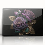 Framed black acrylic wall art featuring a botanical rose design, showcasing vibrant pink and green hues, perfect for enhancing modern home decor aesthetics.