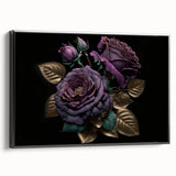 Framed canvas wall art featuring a botanical rose design in vibrant colors, set against a sleek black frame, ideal for home decor and floral-themed interiors.