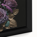 Close-up of a framed botanical rose canvas wall art piece, showcasing vibrant pink and white roses against a textured background, perfect for home decor.