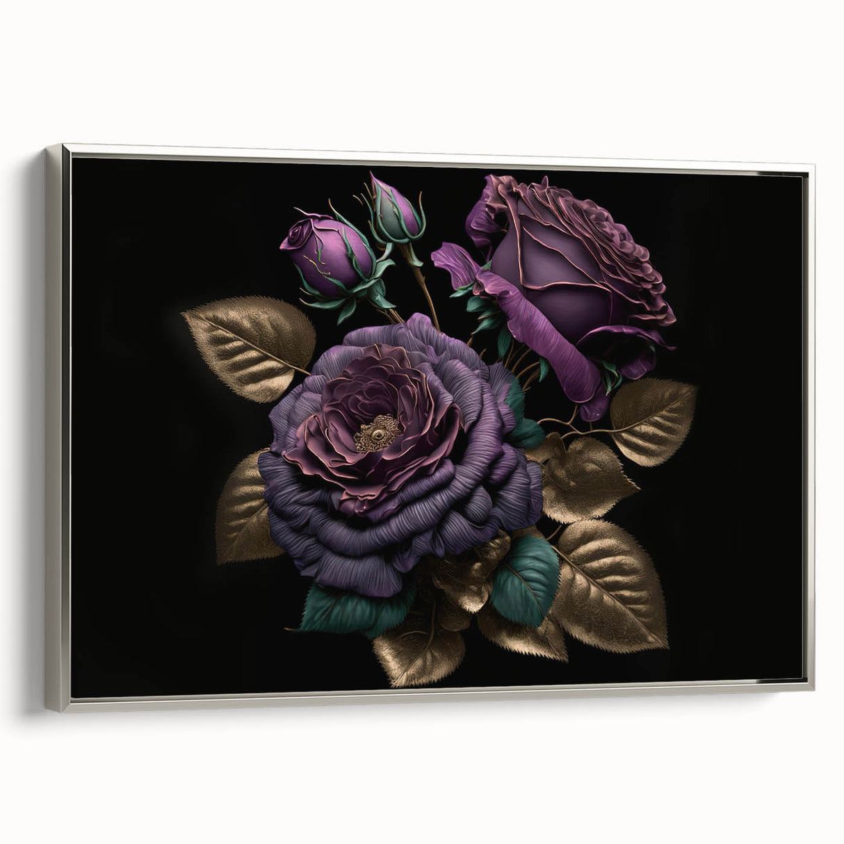 Framed canvas wall art featuring a botanical rose design, showcasing intricate floral details in soft pink and green hues, with a sleek silver frame.