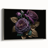 Framed canvas wall art featuring a botanical rose design, showcasing intricate floral details in soft pink and green hues, with a sleek silver frame.