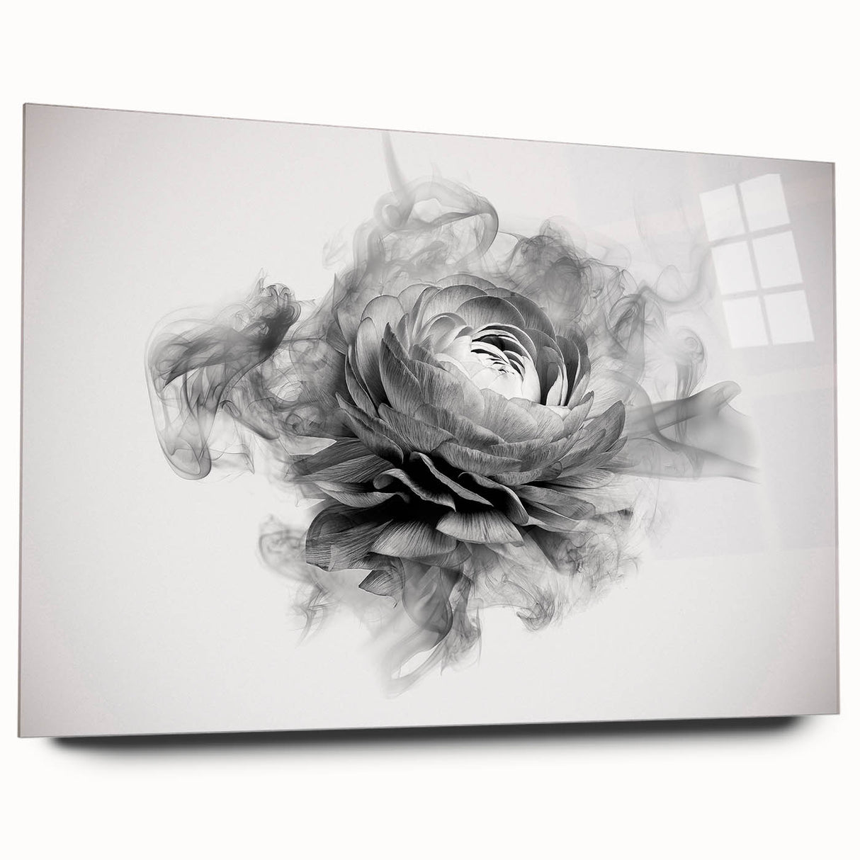 Botanical wall art print featuring a delicate rose design on acrylic glass, displayed in a side view without pins, highlighting its elegant finish and vibrant colors. Ideal for home decor enthusiasts seeking floral-themed accents.