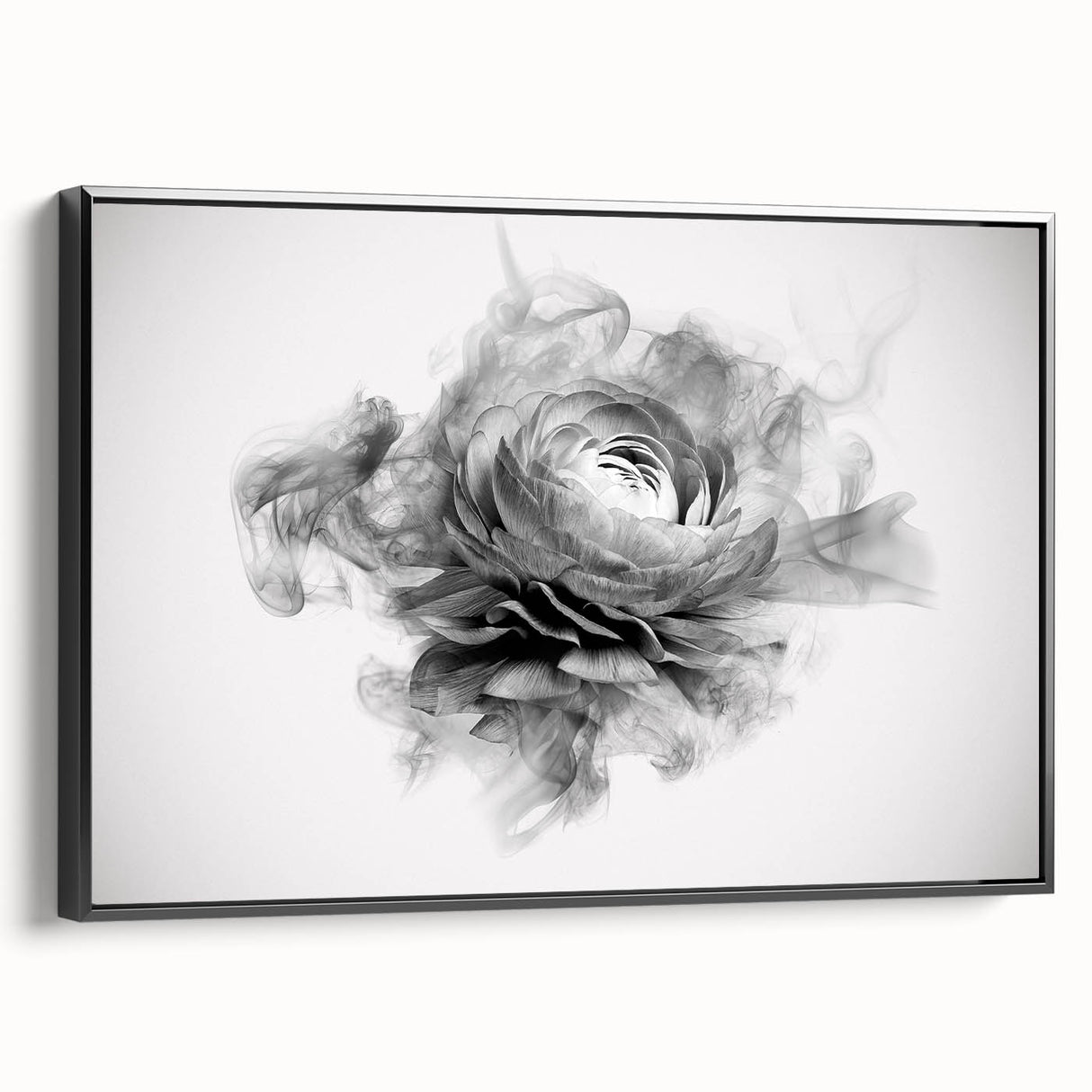 Framed botanical wall art featuring a beautifully detailed rose design on canvas, set against a sleek black frame, perfect for home decor. Ideal for floral enthusiasts.