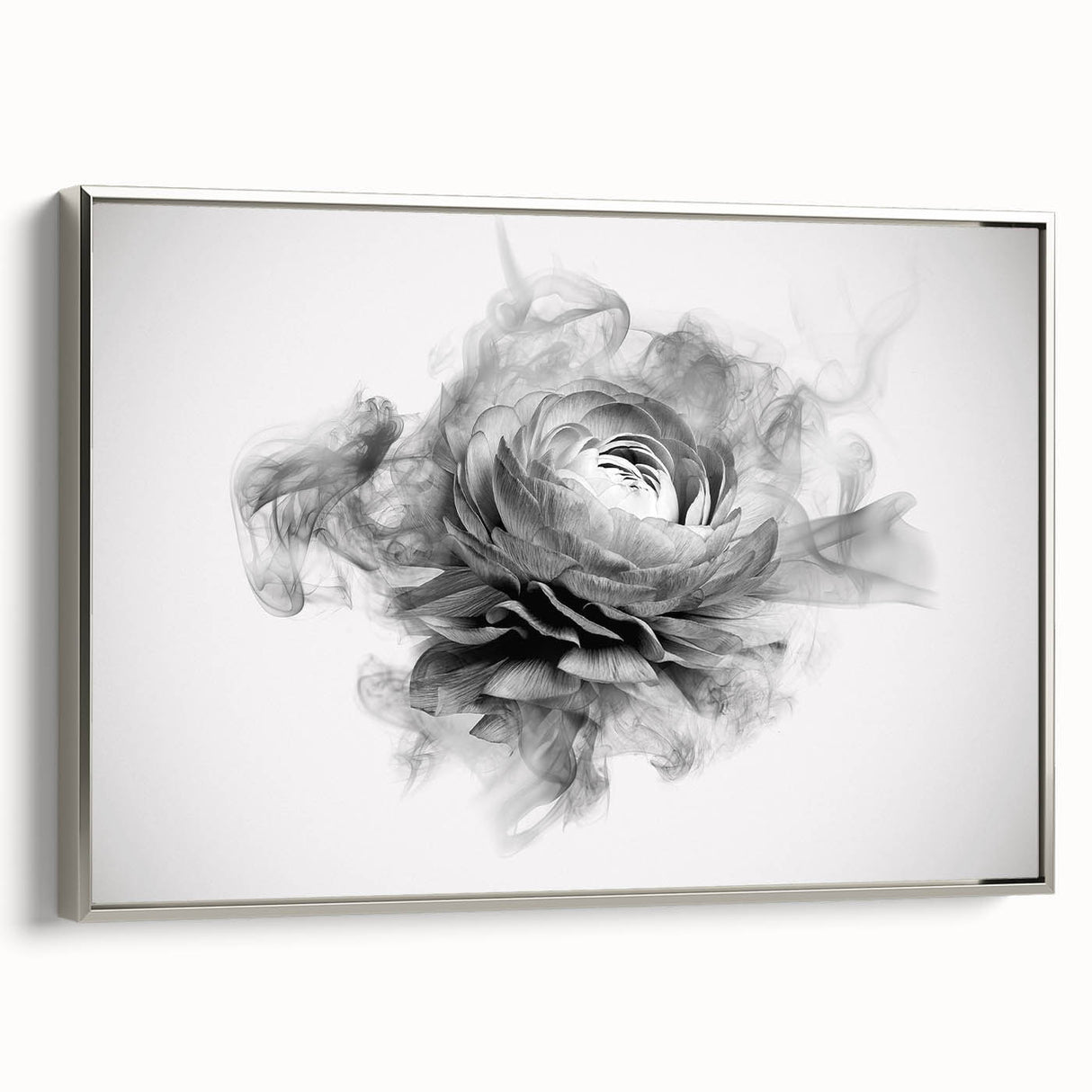 Framed canvas wall art featuring a botanical rose design in muted colors, elegantly displayed with a silver frame, ideal for home decor and floral enthusiasts.