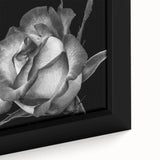 Vibrant close-up of a botanical rose design wall art piece, featuring intricate details of pink and white roses against a soft green background, framed elegantly for home decor.