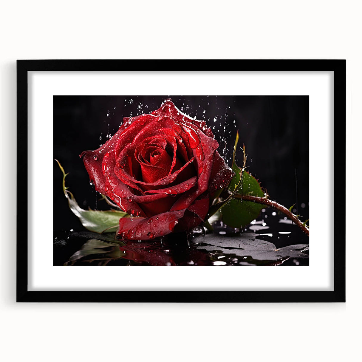 Botanical rose wall art design framed in black with a mat, showcasing delicate floral details and elegant aesthetics, perfect for home decor or gifting.