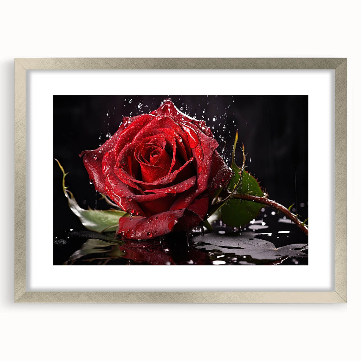 Botanical wall art print featuring a delicate rose design in a silver frame with matting, showcasing elegance and sophistication for home decor.