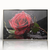 Framed wall art showcasing an elegant botanical rose design in vibrant colors, set in a sleek silver frame, perfect for enhancing home decor aesthetics.