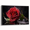 Framed wall art showcasing a botanical rose design on canvas, featuring vibrant colors and a sleek black frame, ideal for home decor enhancement.