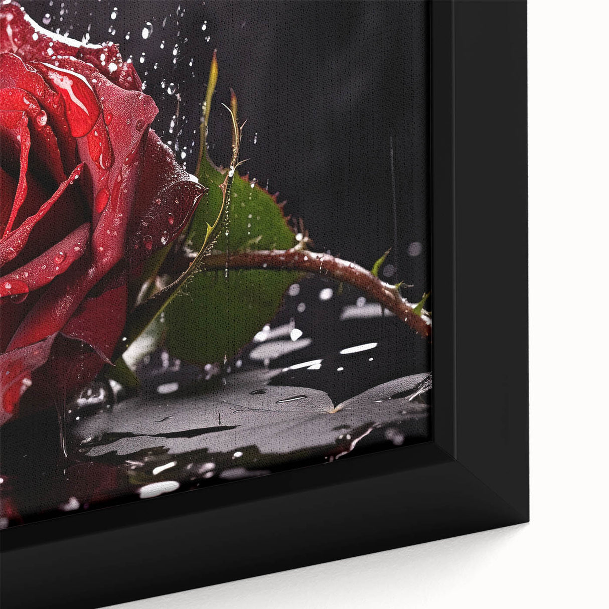 Close-up of a framed botanical rose wall art piece showcasing vibrant pink and white flowers with lush green leaves, ideal for home decor and floral enthusiasts.