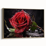 Framed botanical wall art featuring a delicate rose design on a canvas, accented with gold trim, showcasing a side view that highlights its elegant presentation. Perfect for adding a touch of sophistication to home decor.