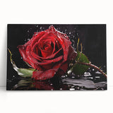 Botanical rose design stretched canvas wall art, featuring vibrant pink and green hues, elegantly leaning against a neutral wall, perfect for home decor.