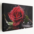 Stretched canvas wall art showcasing a botanical rose design with vibrant colors, elegantly displayed in a side view, perfect for home decor enhancement.