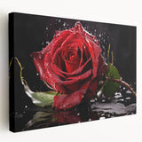 Stretched canvas wall art showcasing a botanical rose design with vibrant colors, elegantly displayed in a side view, perfect for home decor enhancement.