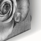 Close-up of a botanical rose design wall art piece, showcasing vibrant pink and green colors on acrylic glass, perfect for home decor in modern settings.