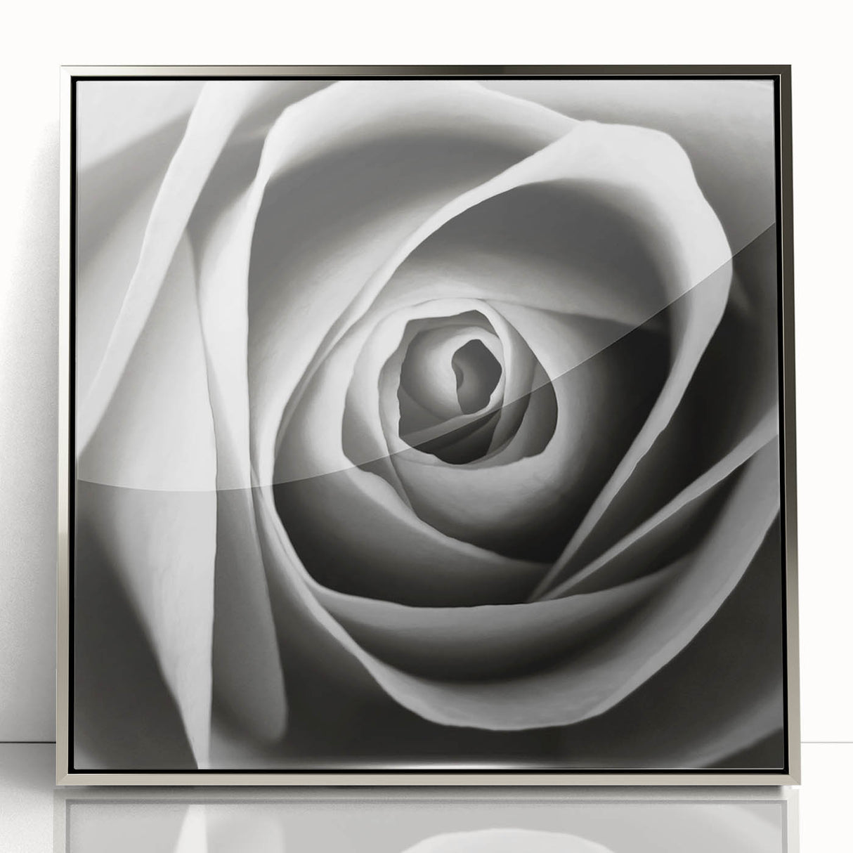 Framed wall art showcasing a botanical rose design in silver acrylic, featuring vibrant colors and intricate floral details, perfect for home decor enhancement.