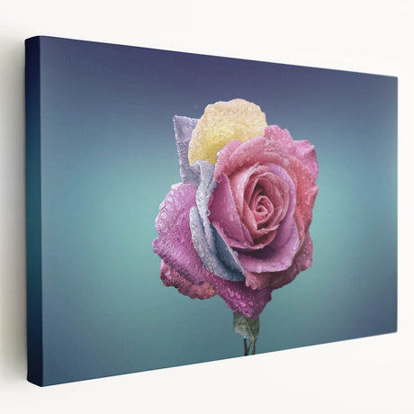Stretched canvas wall art showcasing a botanical rose design with vibrant colors, elegantly framed to enhance any home decor, perfect for floral enthusiasts.