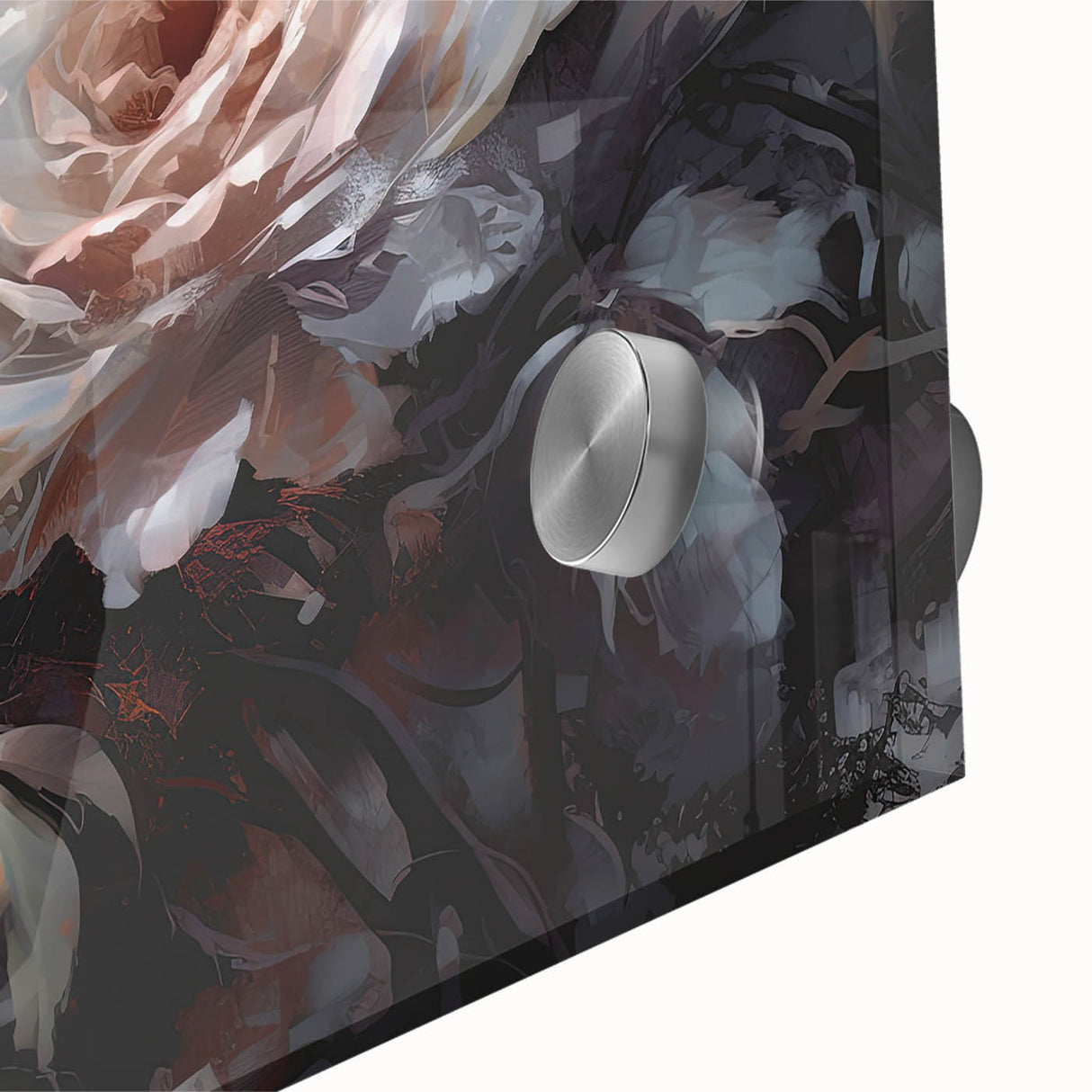 Close-up of a botanical rose wall art design featuring intricate details and vibrant colors, set against a sleek acrylic glass background, ideal for home decor.
