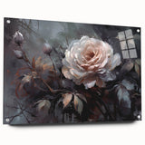 Side view of a botanical-themed wall art piece featuring a delicate rose design, printed on high-quality acrylic glass, elegantly displayed with decorative pins on a neutral background. Perfect for enhancing home decor with a touch of nature-inspired elegance.