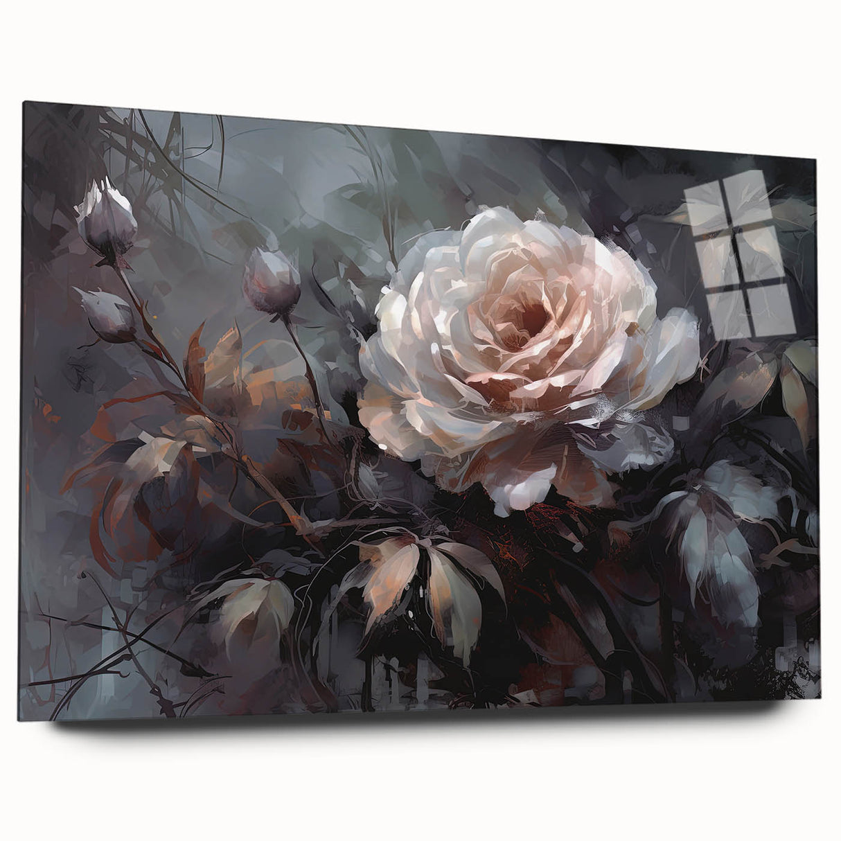 Elegant botanical rose wall art design showcased in a side view, crafted from durable acrylic glass, perfect for modern home decor.