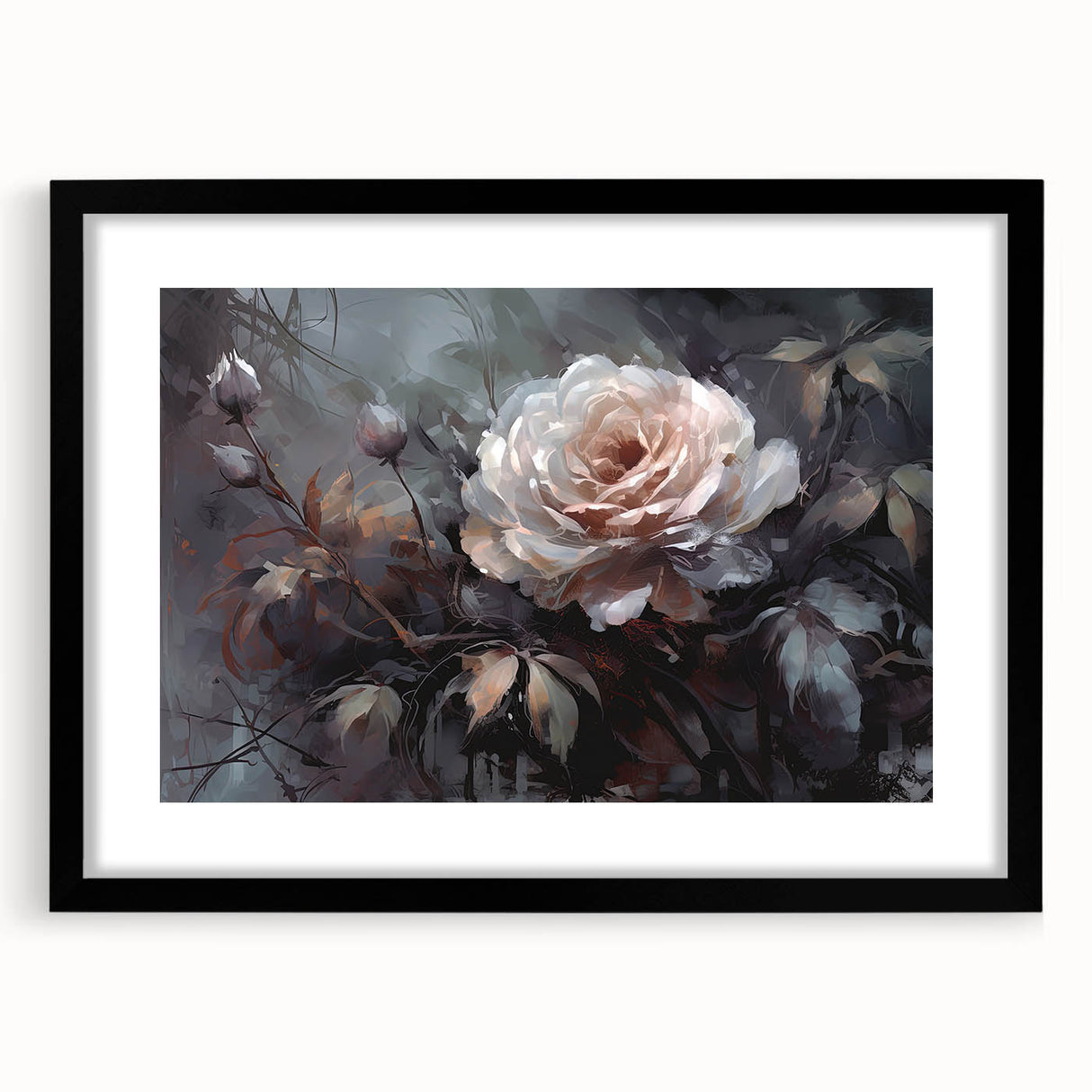 Botanical rose wall art print in a sleek black frame, showcasing delicate floral designs with a matte finish, perfect for modern home decor.