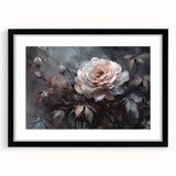 Botanical rose wall art print in a sleek black frame, showcasing delicate floral designs with a matte finish, perfect for modern home decor.