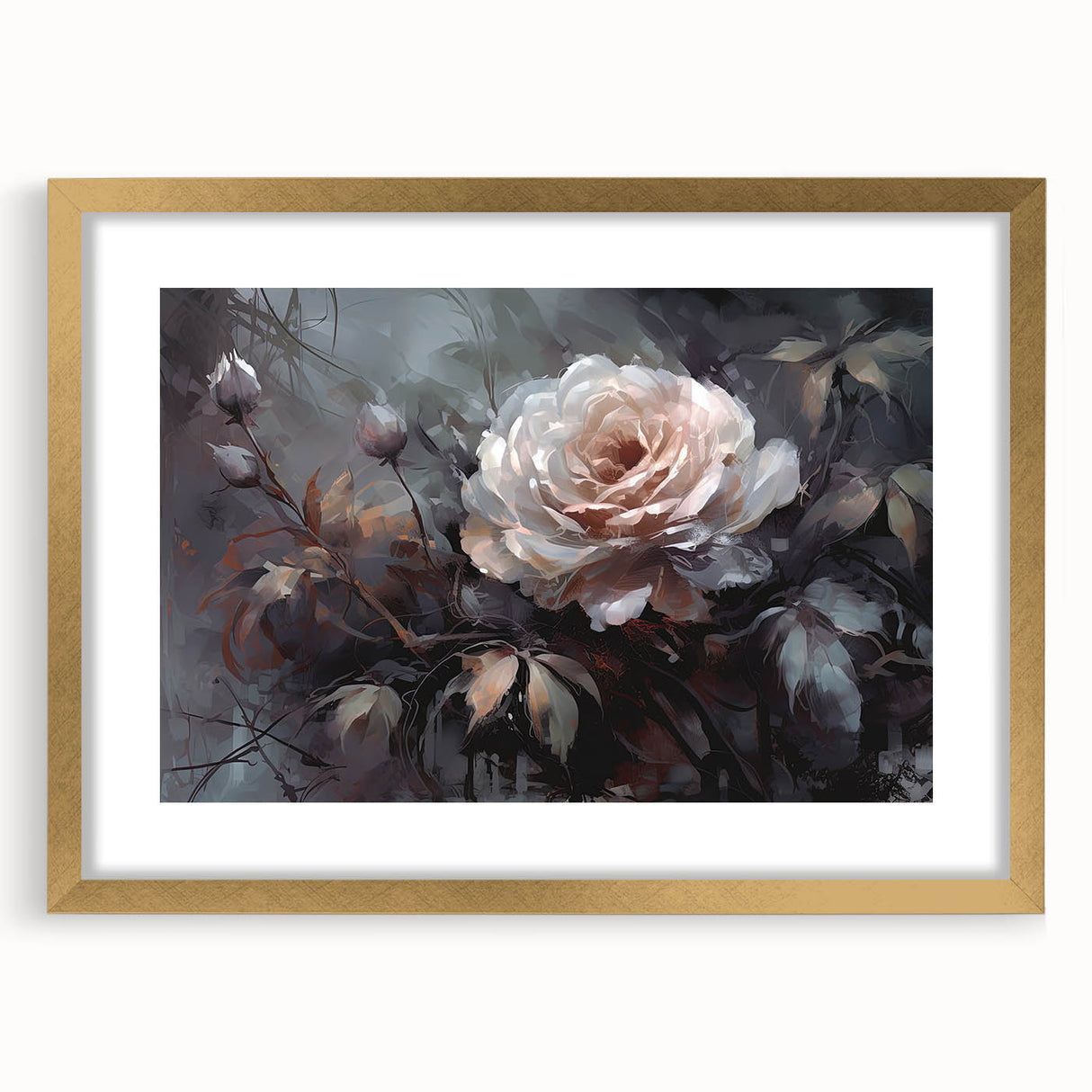Botanical rose wall art featuring a delicate floral design in soft pink and green hues, elegantly framed with a gold mat, perfect for home decor accents.