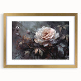 Botanical rose wall art featuring a delicate floral design in soft pink and green hues, elegantly framed with a gold mat, perfect for home decor accents.