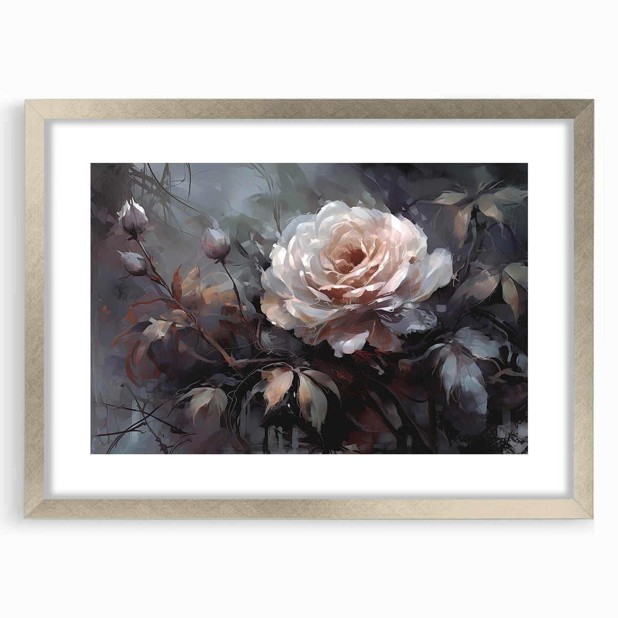 Framed botanical wall art featuring a delicate rose design with silver matting, showcasing intricate floral details and elegant aesthetics, perfect for home decor.