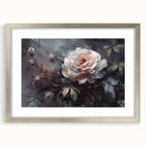 Framed botanical wall art featuring a delicate rose design with silver matting, showcasing intricate floral details and elegant aesthetics, perfect for home decor.