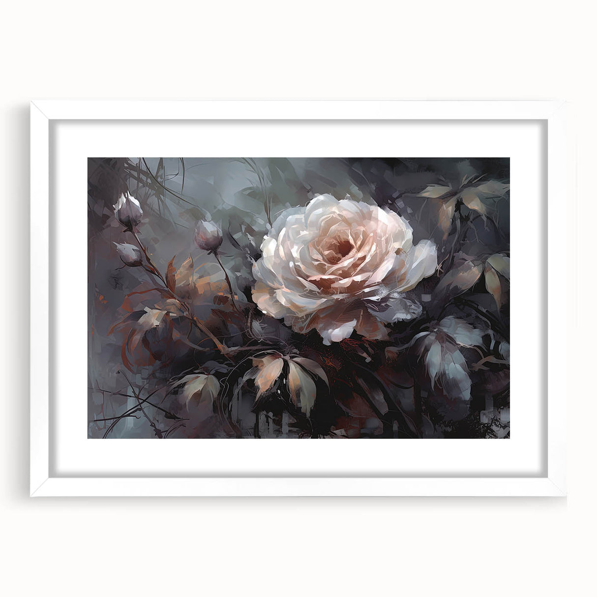 Framed botanical wall art featuring a delicate rose design, set in a white frame with a mat, showcasing an elegant decor option for floral enthusiasts.