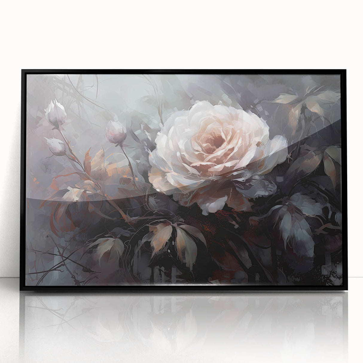 Framed wall art featuring a botanical rose design in vibrant colors, set in a sleek black frame, perfect for enhancing home decor with floral elegance. Ideal for art lovers seeking nature-inspired decorations.