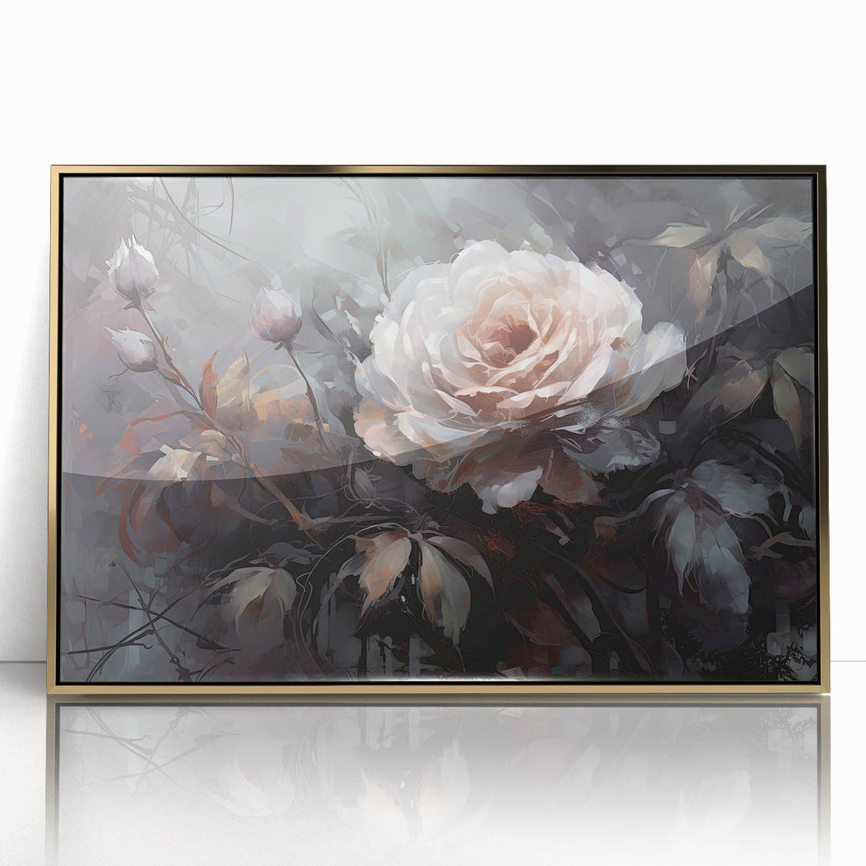 Framed botanical rose wall art design showcasing delicate pink roses and lush green leaves, set in an elegant gold frame, perfect for home decor enhancement.