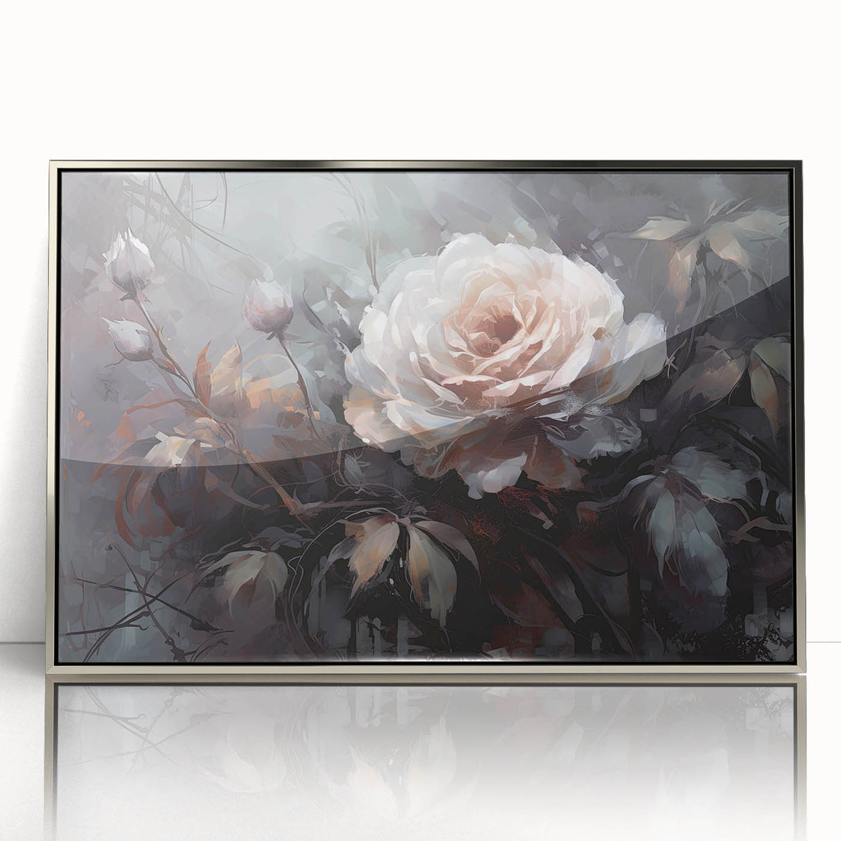 Framed wall art showcasing a botanical rose design in vibrant colors, set in a sleek silver frame. Ideal for adding elegance to home decor or office spaces.