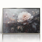 Framed wall art showcasing a botanical rose design in vibrant colors, set in a sleek silver frame. Ideal for adding elegance to home decor or office spaces.
