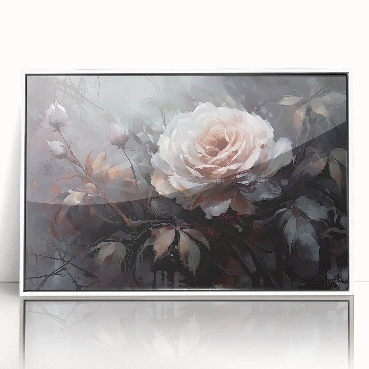 Framed acrylic wall art featuring a botanical rose design in soft pink and green hues, elegantly displayed against a white backdrop, perfect for home decor.