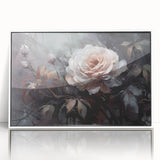 Framed acrylic wall art featuring a botanical rose design in soft pink and green hues, elegantly displayed against a white backdrop, perfect for home decor.