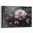 Framed canvas wall art featuring a botanical rose design in soft pastel colors, elegantly displayed with a black frame, perfect for home decor enhancement.